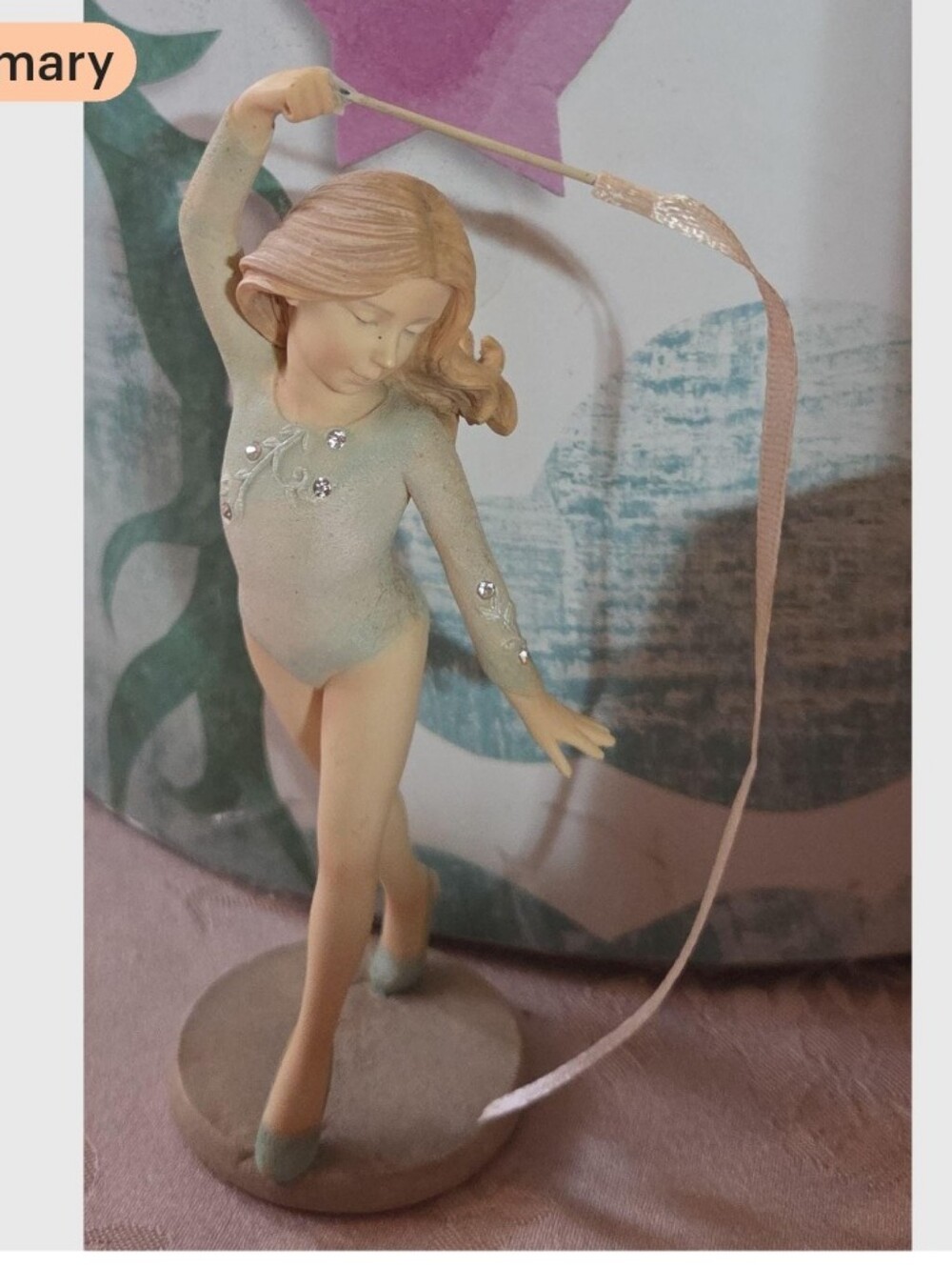Gymnastic Girl Light Mint Green One-Piece Leotard Holding Ribbon